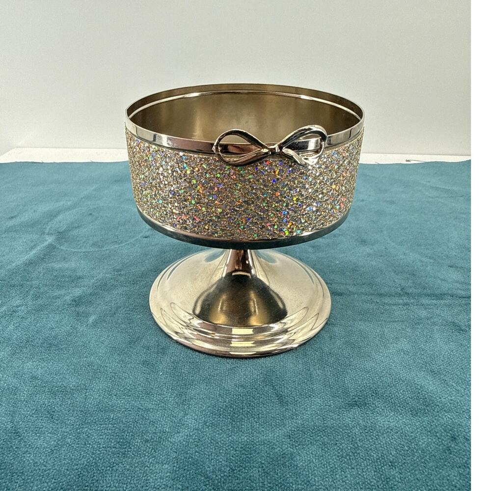 Bath & Body Works Glitter Bow Pedestal Candle Holder Silver Sparkle Glam Decor
